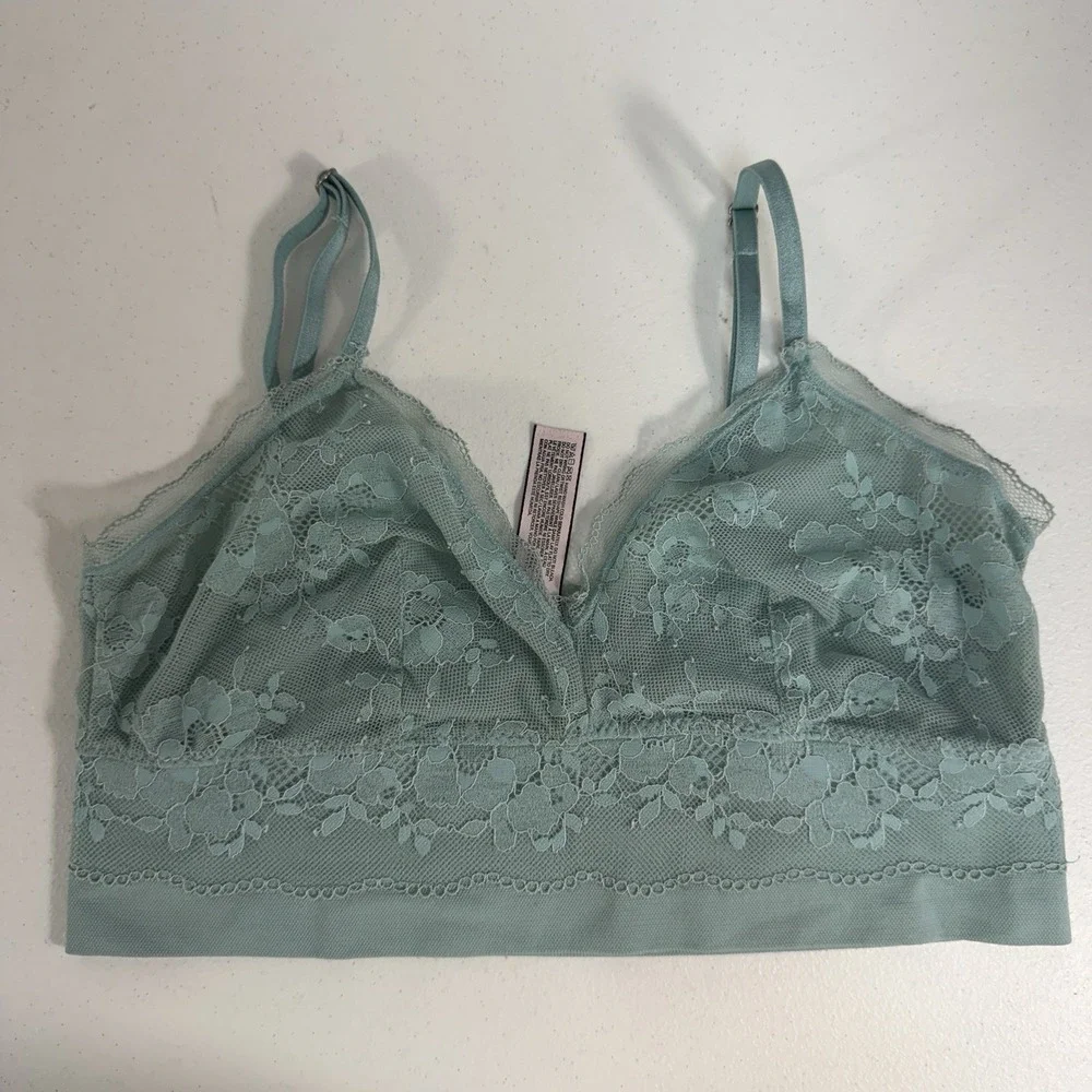 Victoria's‎ Secret M Medium Bralette Bra Light Blue Floral Lace Sheer Mesh Sexy